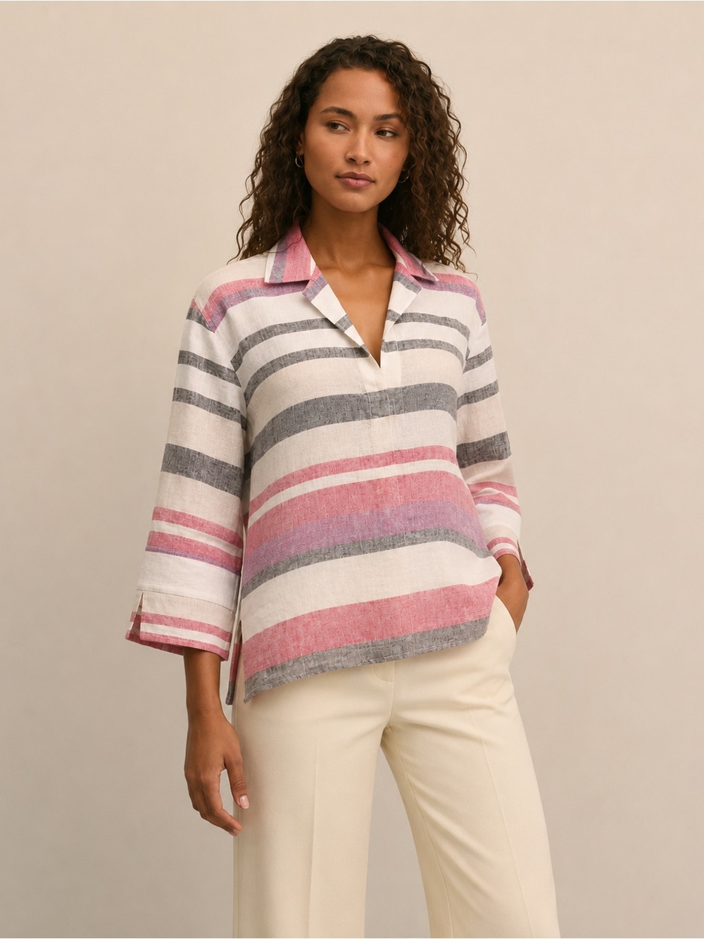 Brooks Brothers 100% Linen Striped Tunic Shirt Pink Gray Women Size 10